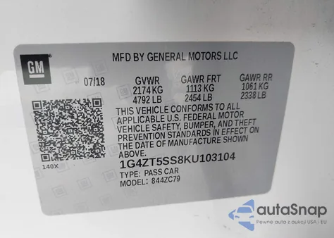 2019 Buick Lacrosse Awd Premium z USA, uszkodzony, nr VIN 1G4ZT5SS8KU103104